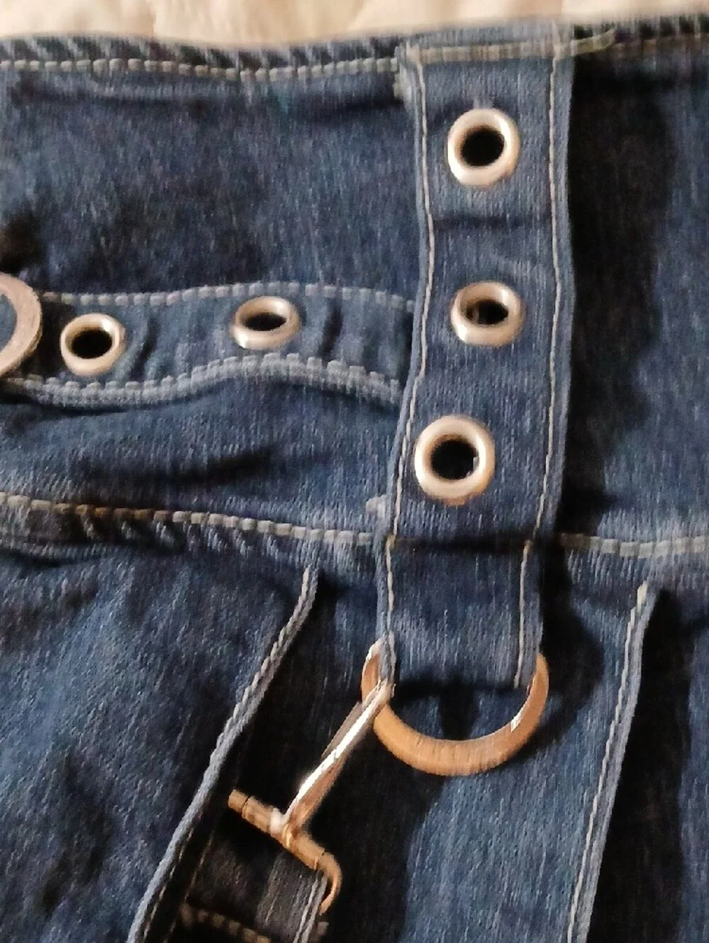 Vtg Tripp NYC Dark Denim Pleated Mini Skirt with Grommet Suspender Straps